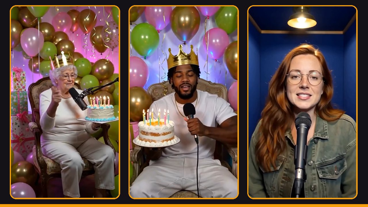 3 vertical stills from our sample videos: a grandma and a man in gold party crowns rapping with a birthday cake on a balloon throne, and a woman rapping in a blue booth