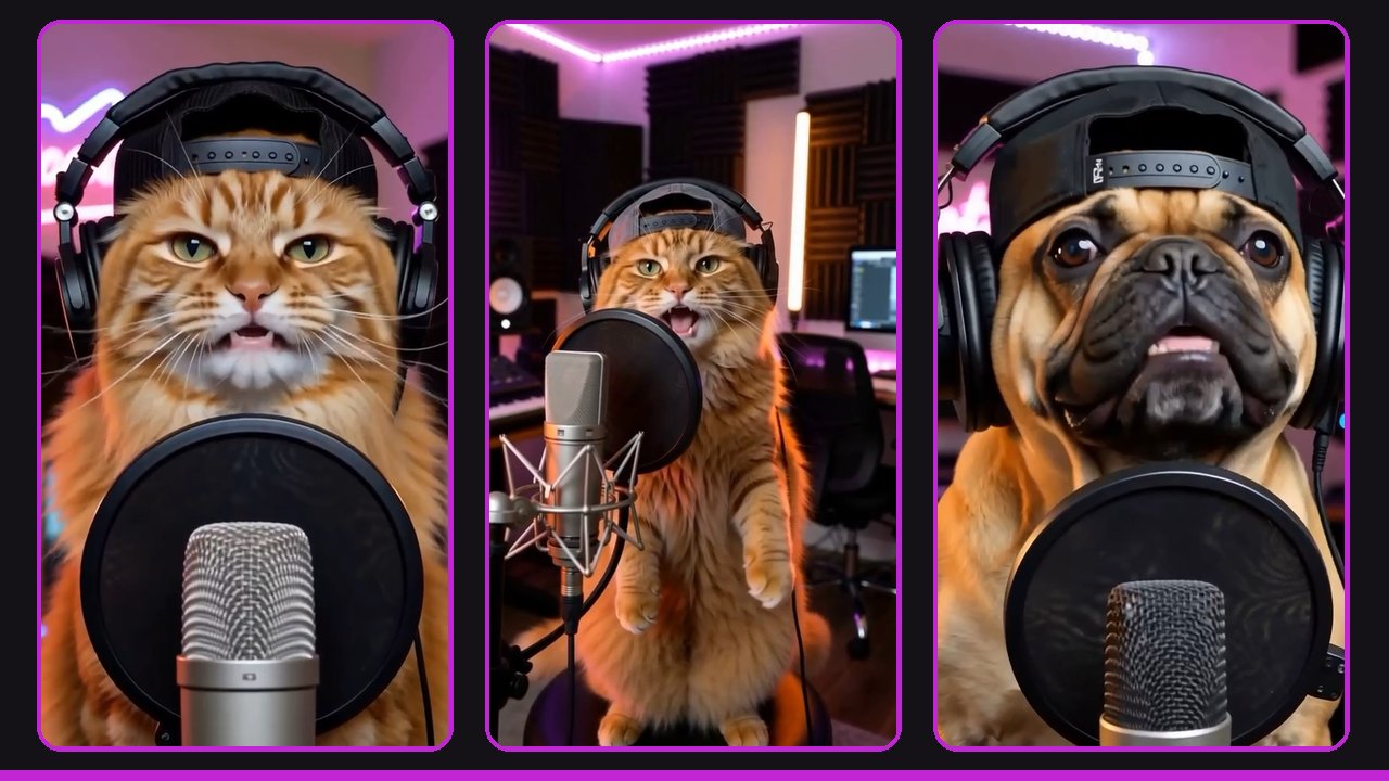 3 vertical stills from our sample videos: an orange cat rapping at a studio mic in headphones and a backwards cap, a full-body shot of the same cat, and a French bulldog, in a neon home studio
