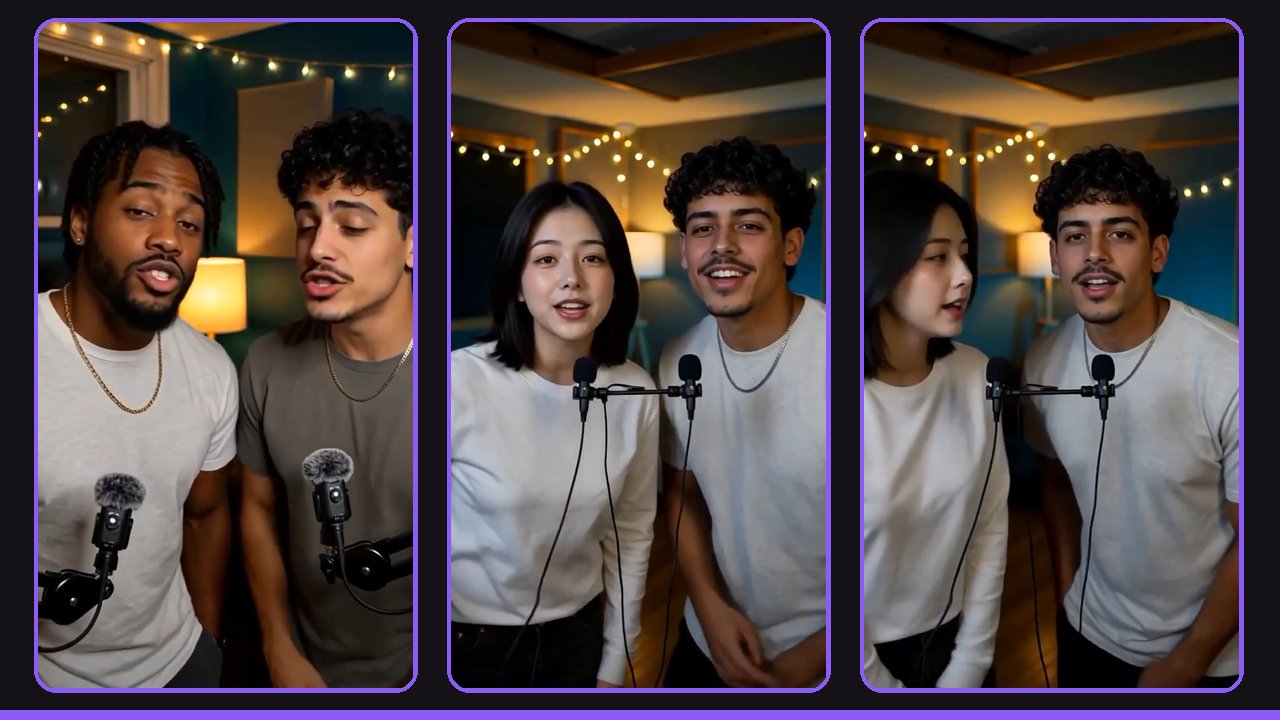 Three vertical stills from our sample AI duet videos: two friends and a young couple rapping side by side at small mics in a cozy studio with warm string lights.