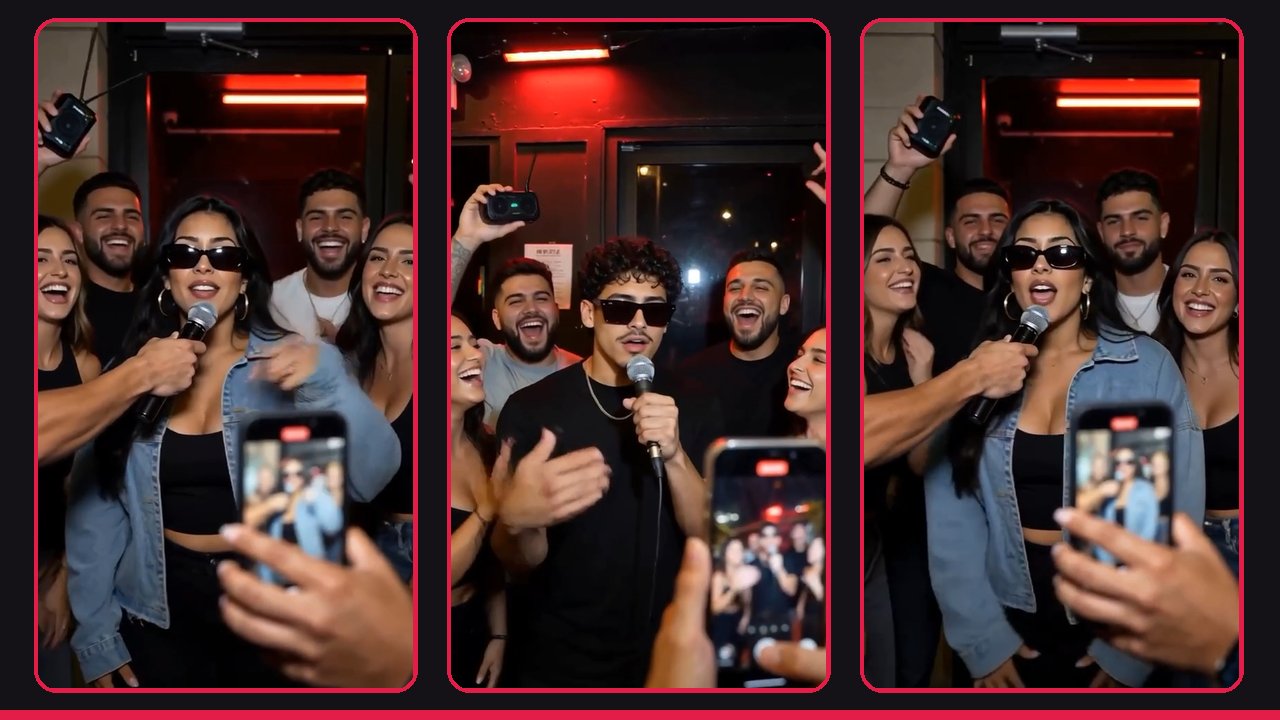 3 vertical stills from our sample freestyle videos: a woman and a man in sunglasses rapping into a mic outside a club at night under red light, surrounded by cheering friends and a phone filming