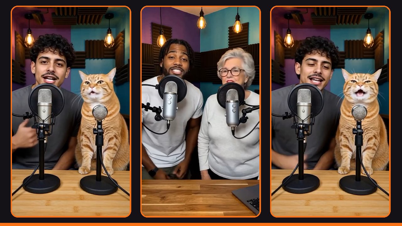 Three vertical stills from our sample rap battle videos: a young man and an orange cat at two studio mics, and a young man next to a grandma in glasses, in a purple and teal booth.
